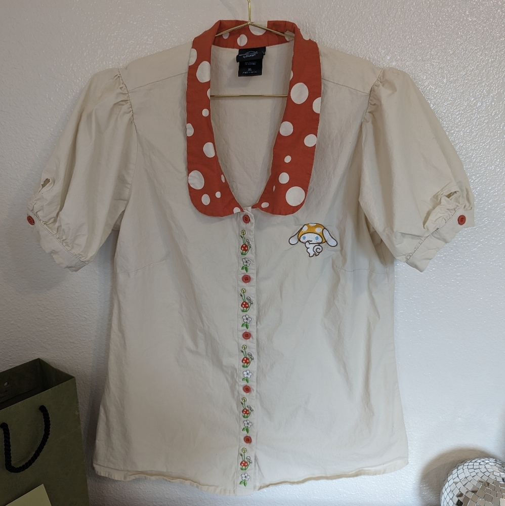 Cinnamoroll Mushroom Woven Button-Up Top Sanrio Puff Sleeve xl - Picture 3 of 6